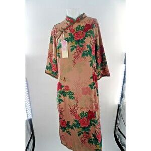 Guxiu Asian Floral Print Artisanal 3/4 Sleeves Sheath Romance Dress NWT Size M